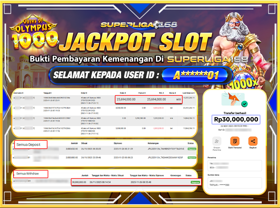 SUPERLIGA168 JACKPOT GATES OF OLYMPUS 1000 .30,000,000LUNAS
